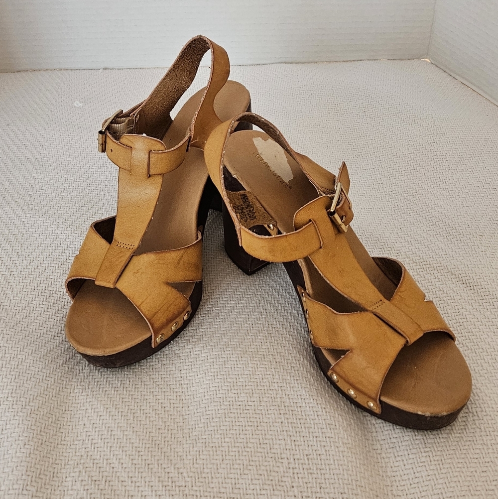 Y2K Francesca Leather Platform Sandals With Wooden Heels, Tan, Size 7